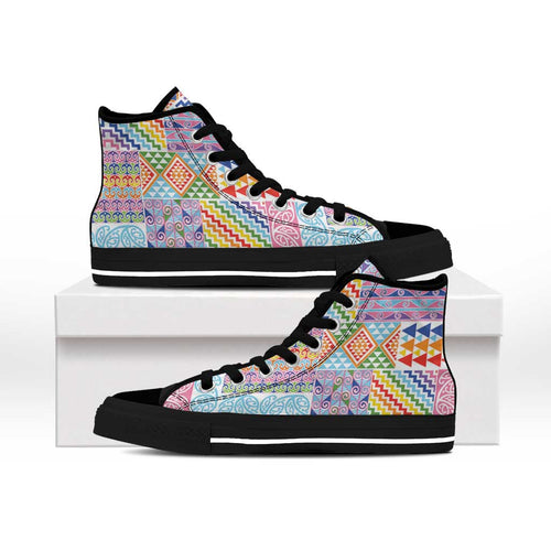 Aotearoa Kowhaiwhai Taniko Patchwork Rainbow Motifs High Top Shoes