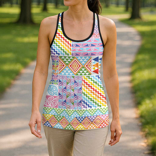 Aotearoa Kowhaiwhai Taniko Patchwork Rainbow Motifs Hollow Tank Top