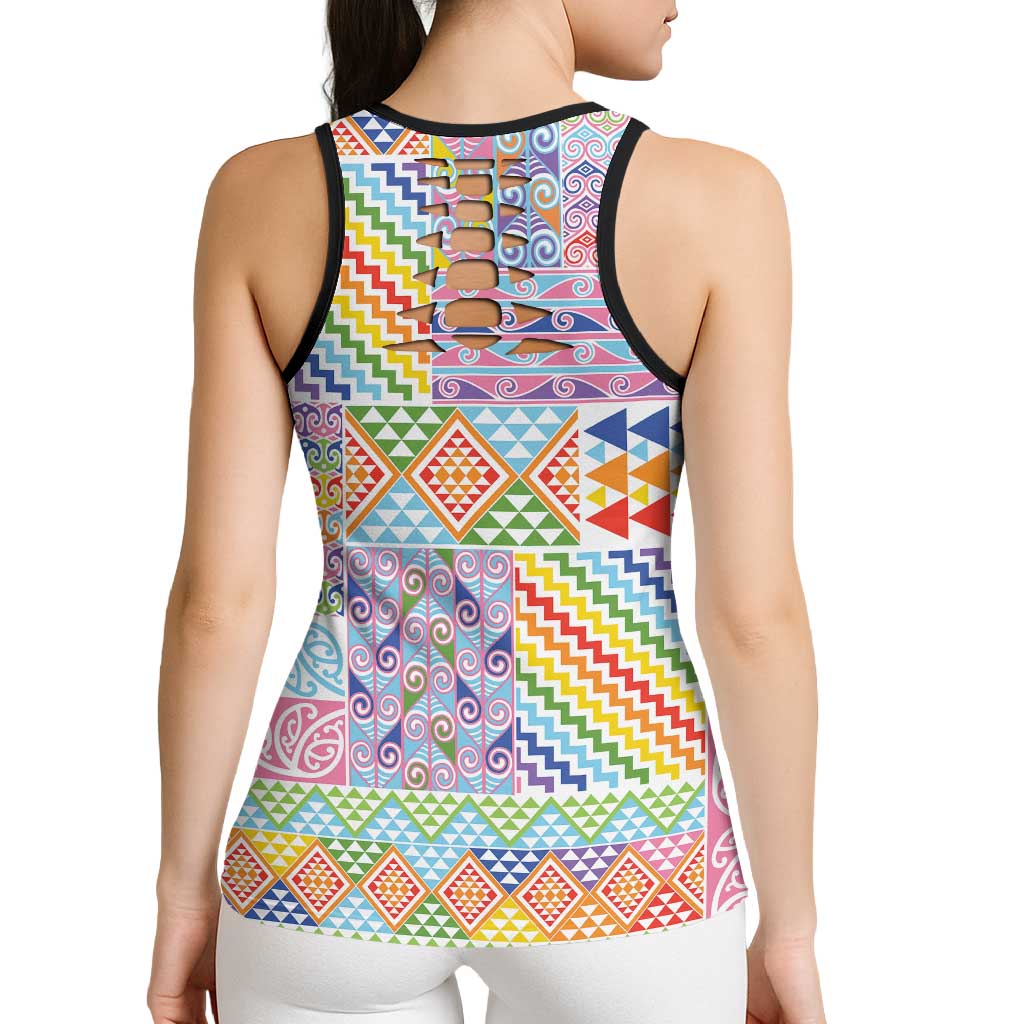 Aotearoa Kowhaiwhai Taniko Patchwork Rainbow Motifs Hollow Tank Top