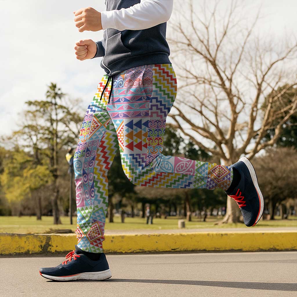 Aotearoa Kowhaiwhai Taniko Patchwork Rainbow Motifs Jogger Pants