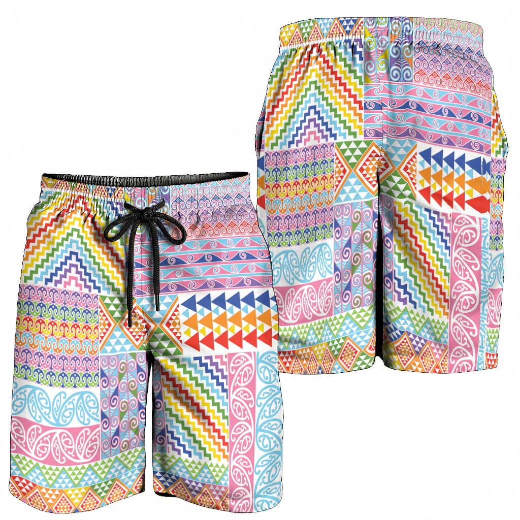 Aotearoa Kowhaiwhai Taniko Patchwork Rainbow Motifs Shorts for Men