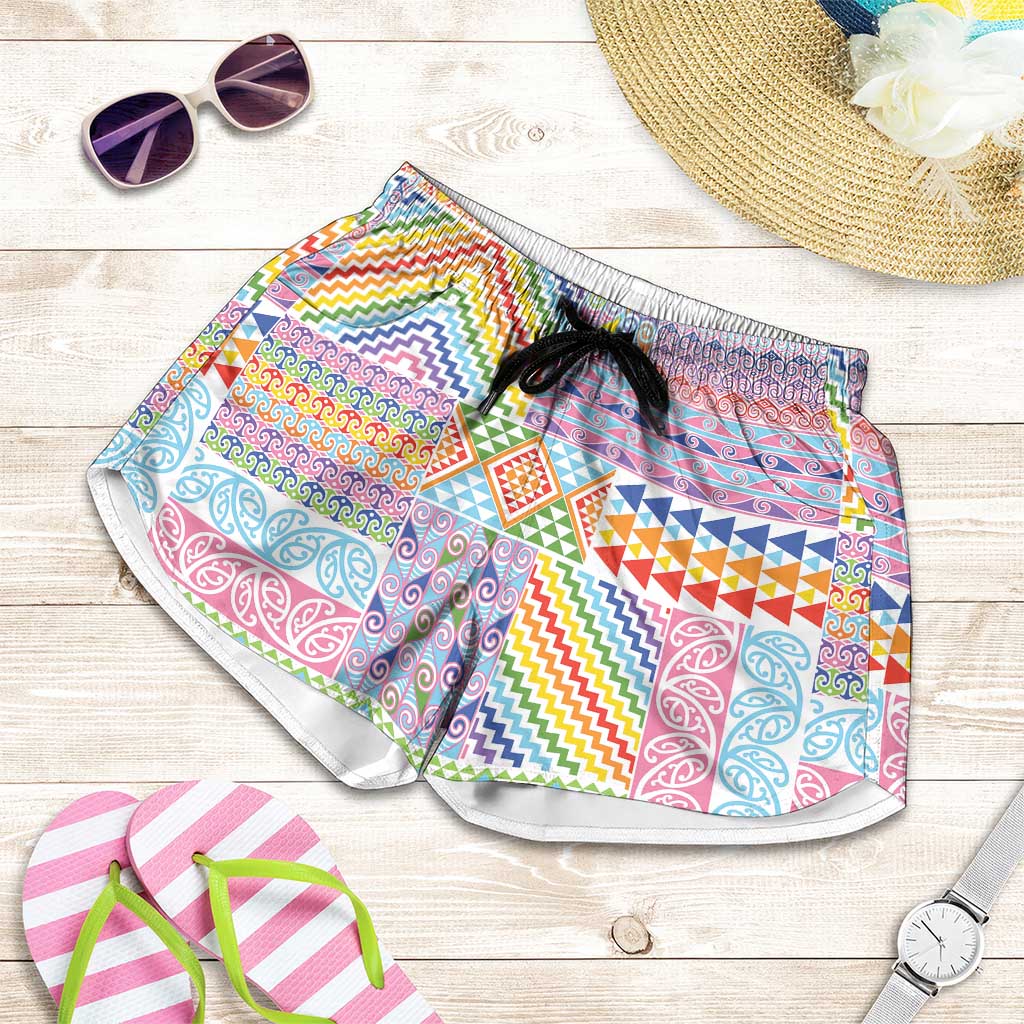Aotearoa Kowhaiwhai Taniko Patchwork Rainbow Motifs Shorts for Women