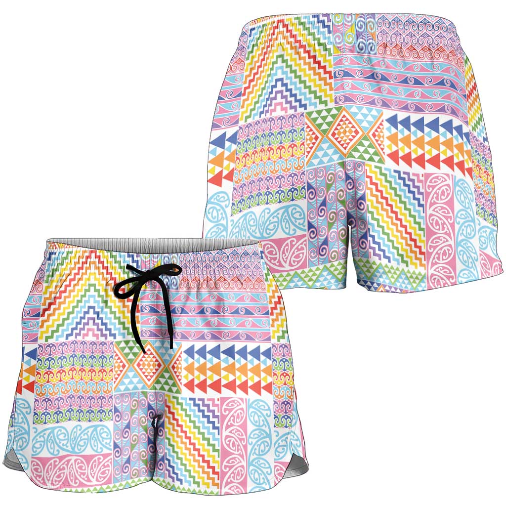 Aotearoa Kowhaiwhai Taniko Patchwork Rainbow Motifs Shorts for Women