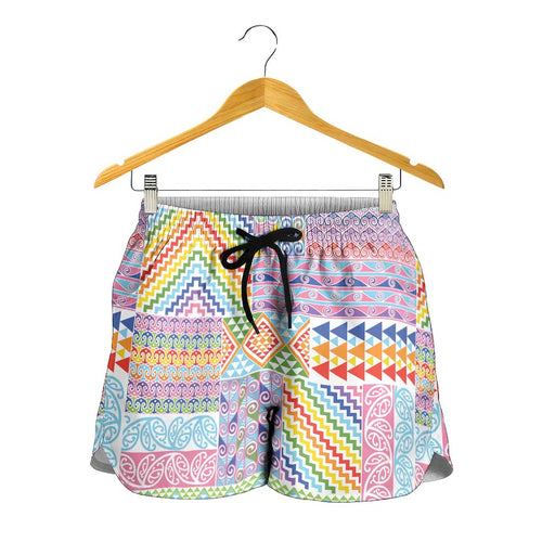 Aotearoa Kowhaiwhai Taniko Patchwork Rainbow Motifs Shorts for Women
