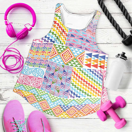 Aotearoa Kowhaiwhai Taniko Patchwork Rainbow Motifs Women Racerback Tank