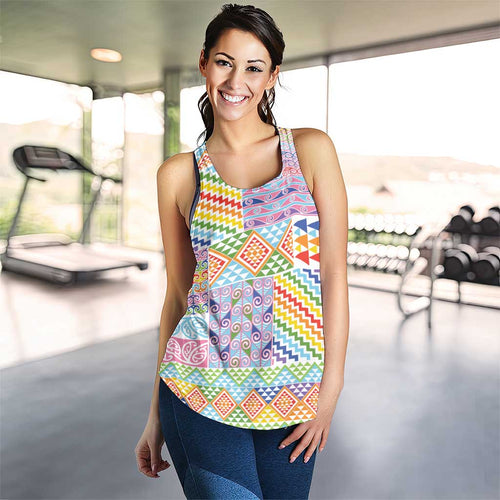 Aotearoa Kowhaiwhai Taniko Patchwork Rainbow Motifs Women Racerback Tank