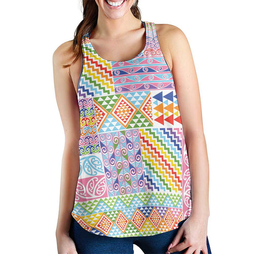 Aotearoa Kowhaiwhai Taniko Patchwork Rainbow Motifs Women Racerback Tank