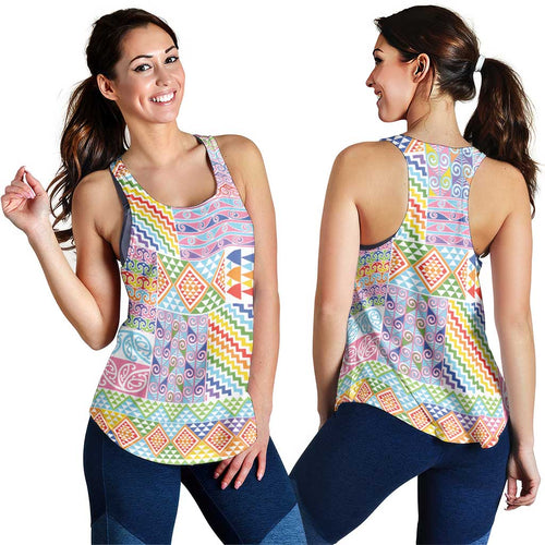 Aotearoa Kowhaiwhai Taniko Patchwork Rainbow Motifs Women Racerback Tank