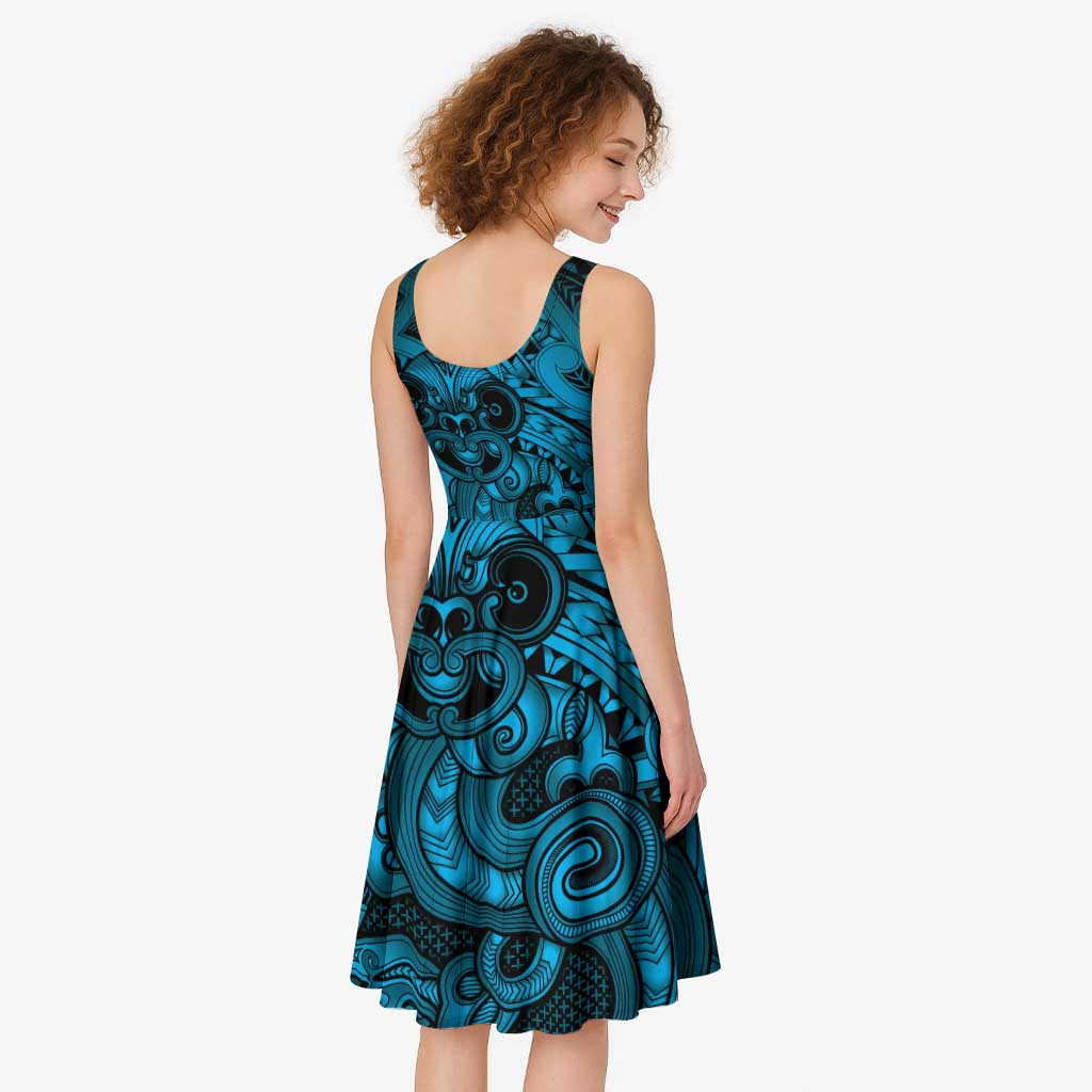 Aotearoa Maori Hei Tiki Midi Dress Kikorangi Kowhaiwhai Puhoro Motif