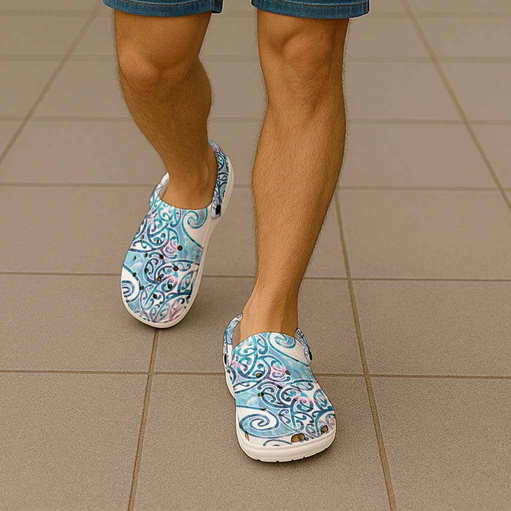 Aotearoa Maori Koru Curves Clogs Shoes Aqua Paua Shell