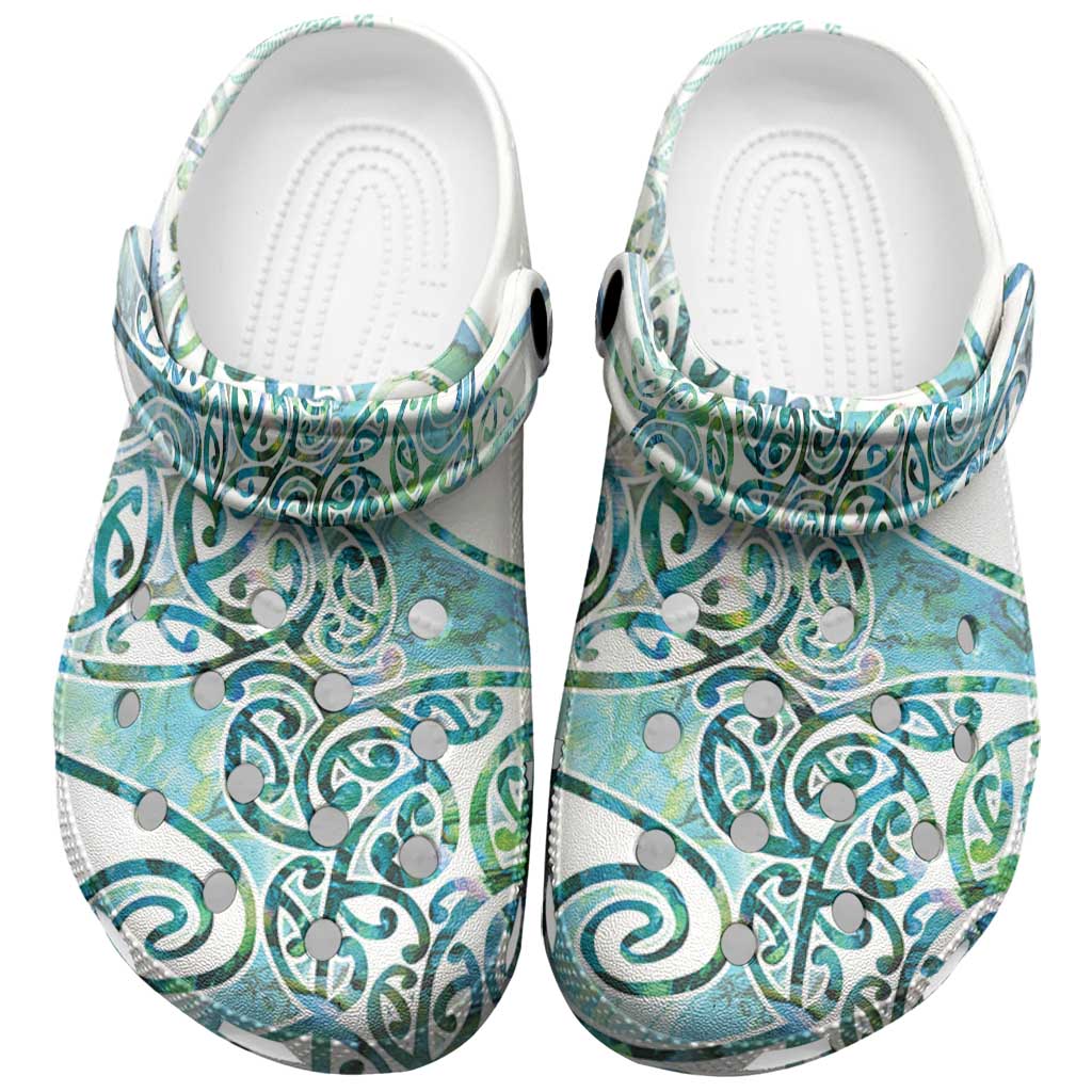 Aotearoa Maori Koru Curves Clogs Shoes Mossy Paua Shell