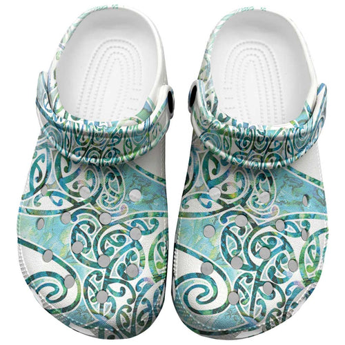 Aotearoa Maori Koru Curves Clogs Shoes Mossy Paua Shell