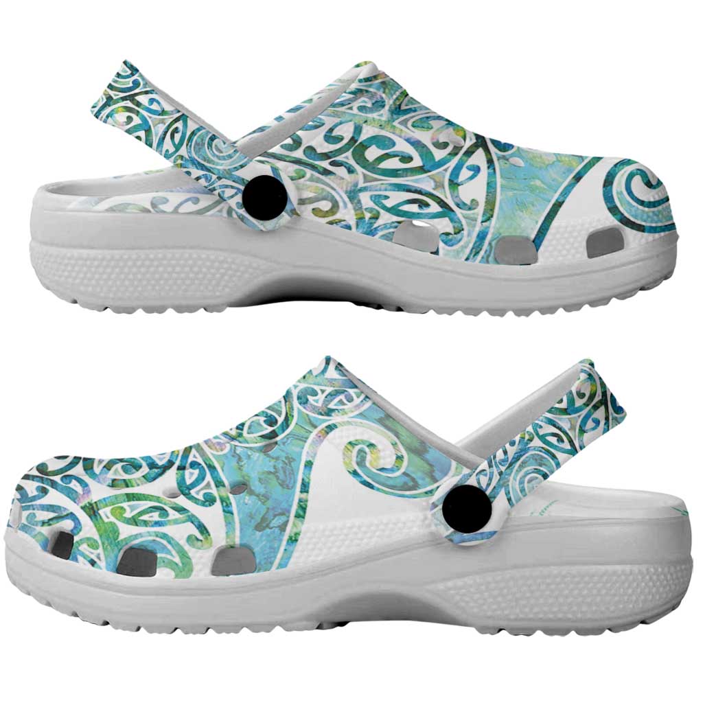 Aotearoa Maori Koru Curves Clogs Shoes Mossy Paua Shell