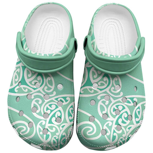 Aotearoa Maori Koru Curves Clogs Shoes Silver Ferns - Mint
