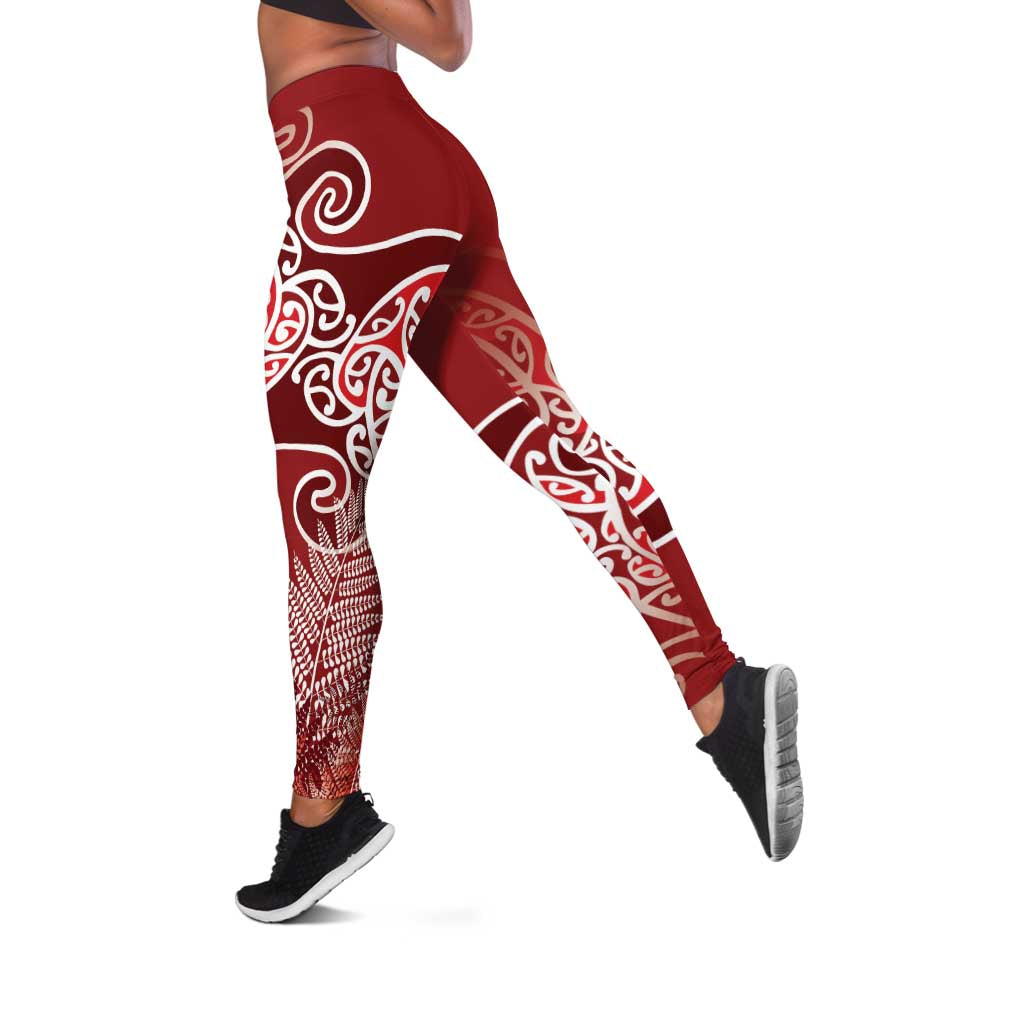 Aotearoa Maori Koru Curves Leggings Silver Ferns - Crimson Red