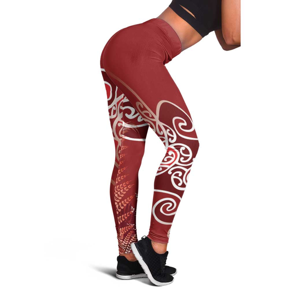 Aotearoa Maori Koru Curves Leggings Silver Ferns - Crimson Red