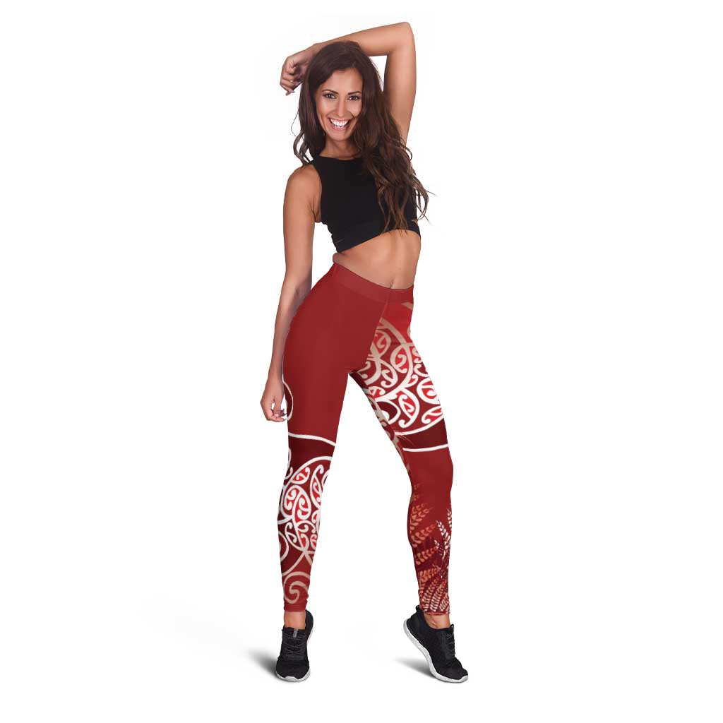 Aotearoa Maori Koru Curves Leggings Silver Ferns - Crimson Red