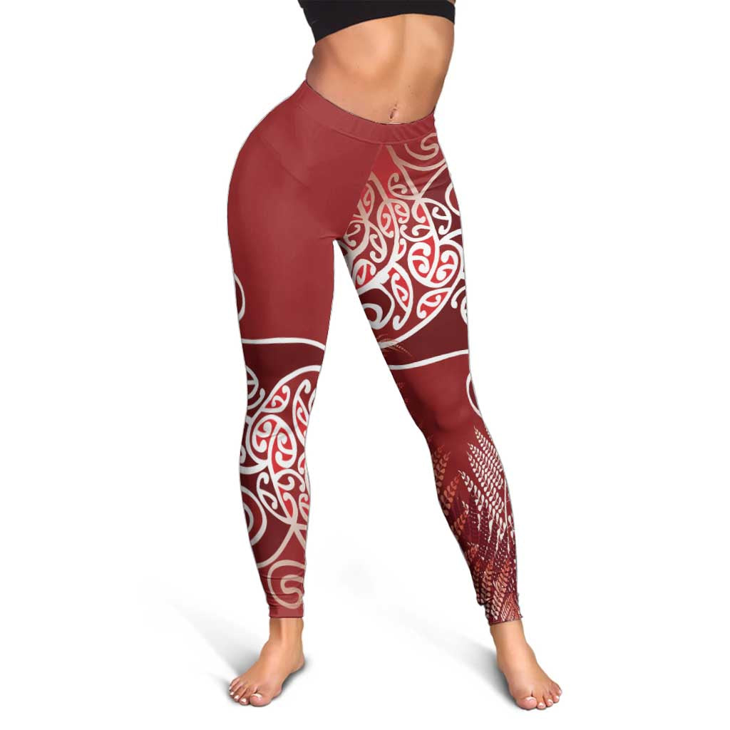 Aotearoa Maori Koru Curves Leggings Silver Ferns - Crimson Red