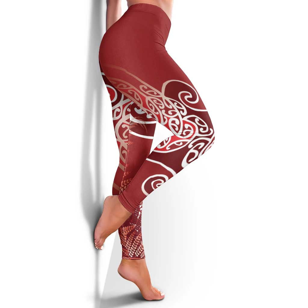 Aotearoa Maori Koru Curves Leggings Silver Ferns - Crimson Red