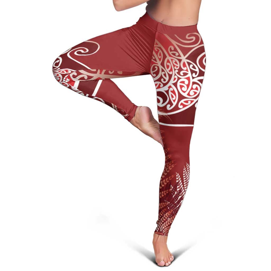 Aotearoa Maori Koru Curves Leggings Silver Ferns - Crimson Red