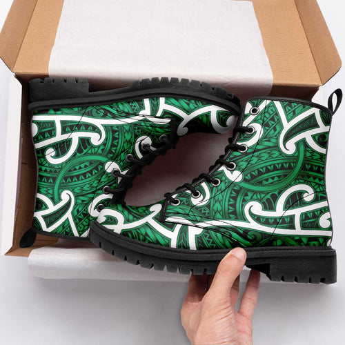 Aotearoa Maori Kowhaiwhai Leather Boots Kakariki Puhoro and Patiki