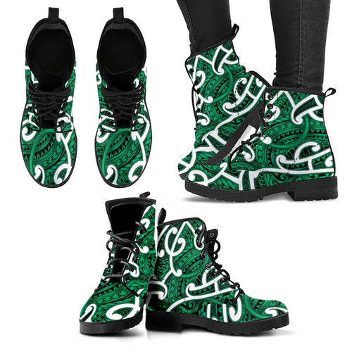 Aotearoa Maori Kowhaiwhai Leather Boots Kakariki Puhoro and Patiki
