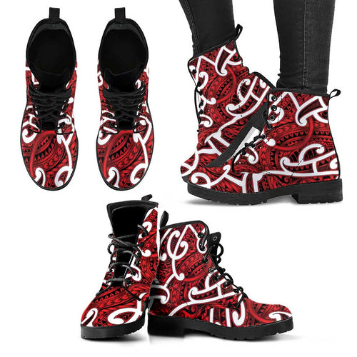 Aotearoa Maori Kowhaiwhai Leather Boots Whero Puhoro and Patiki