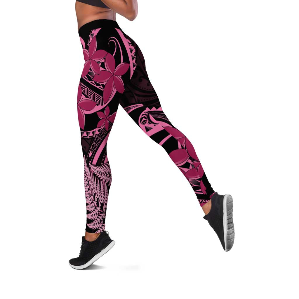 Aotearoa Maori Leggings Pink Fern Ribbons on Black - Aussie Hoodie