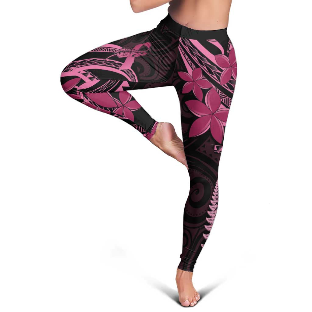 Aotearoa Maori Leggings Pink Fern Ribbons on Black - Aussie Hoodie
