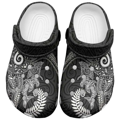 Aotearoa Maori Sea Animals Tribal Clogs Shoes Manta Ray and Shark Moko Pattern Black Color