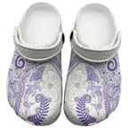 Aotearoa Maori Sea Animals Tribal Clogs Shoes Manta Ray and Shark Moko Pattern Purple Color