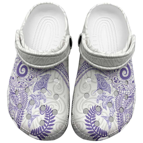 Aotearoa Maori Sea Animals Tribal Clogs Shoes Manta Ray and Shark Moko Pattern Purple Color