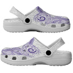 Aotearoa Maori Sea Animals Tribal Clogs Shoes Manta Ray and Shark Moko Pattern Purple Color