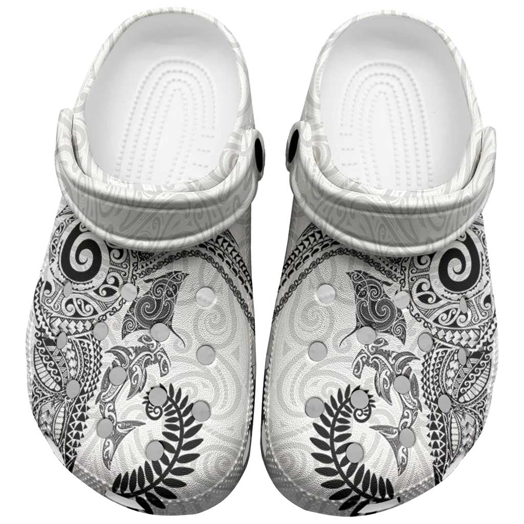 Aotearoa Maori Sea Animals Tribal Clogs Shoes Manta Ray and Shark Moko Pattern White Color