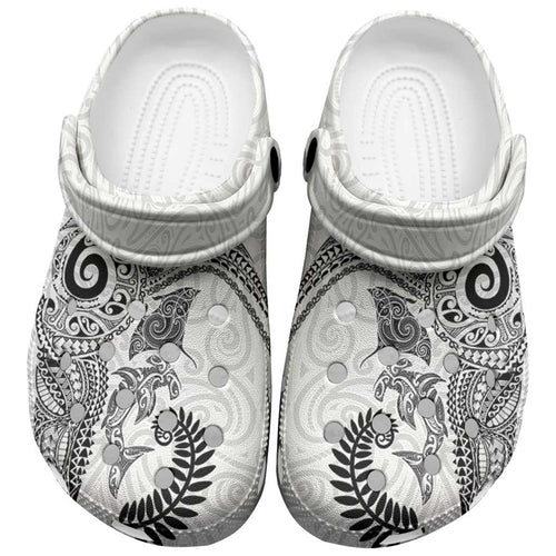 Aotearoa Maori Sea Animals Tribal Clogs Shoes Manta Ray and Shark Moko Pattern White Color