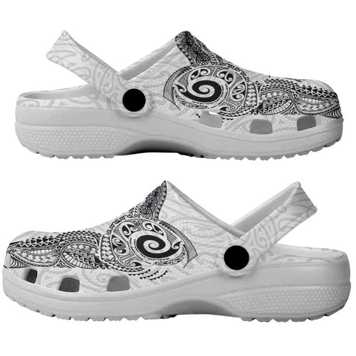 Aotearoa Maori Sea Animals Tribal Clogs Shoes Manta Ray and Shark Moko Pattern White Color