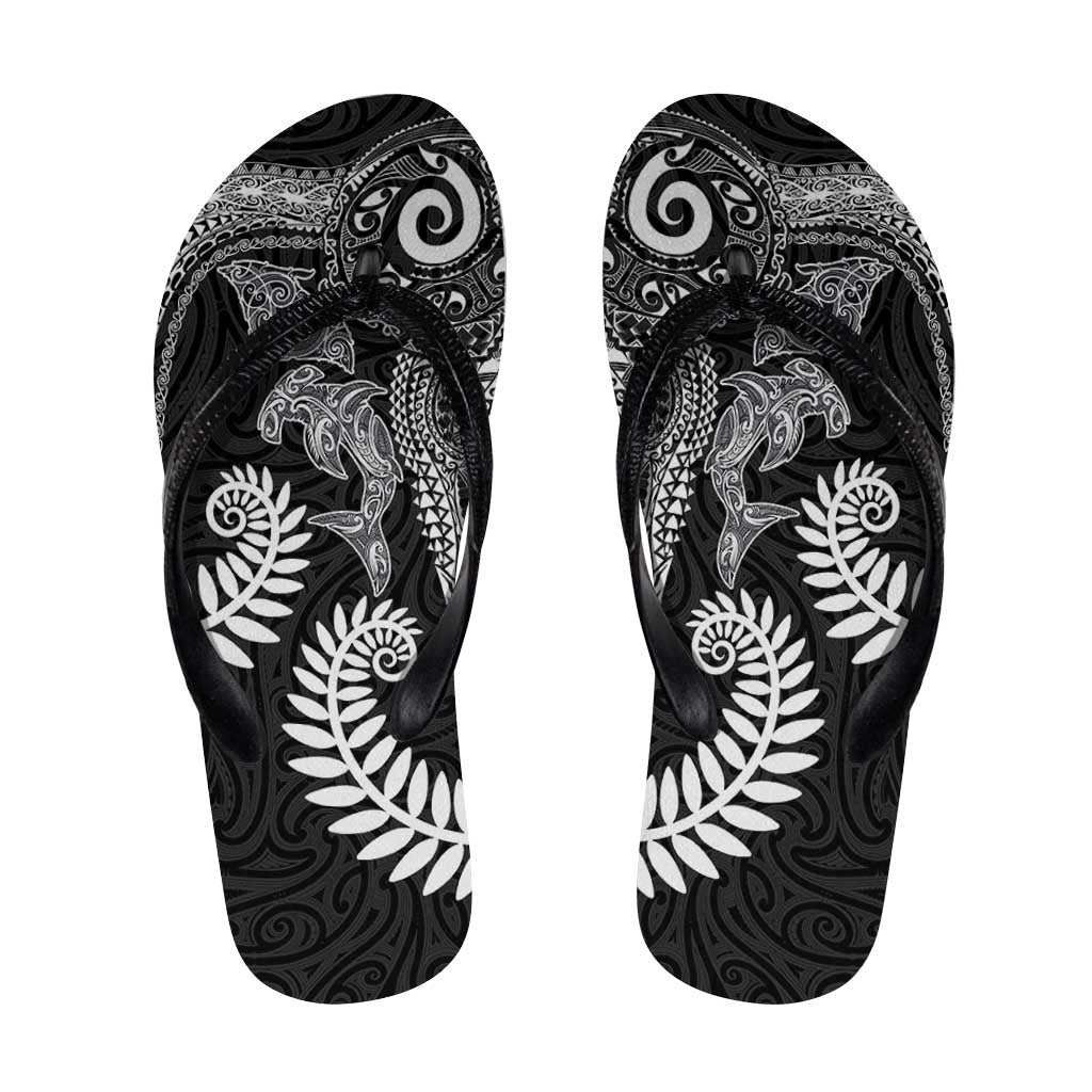 Aotearoa Maori Sea Animals Tribal Flip Flops Manta Ray and Shark Moko Pattern Black Color