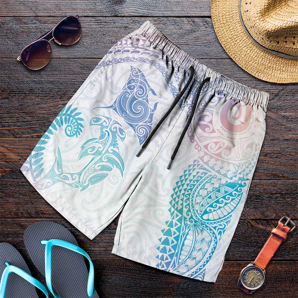 Aotearoa Maori Sea Animals Tribal Shorts for Men Manta Ray and Shark Moko Pattern Sweet Pastel