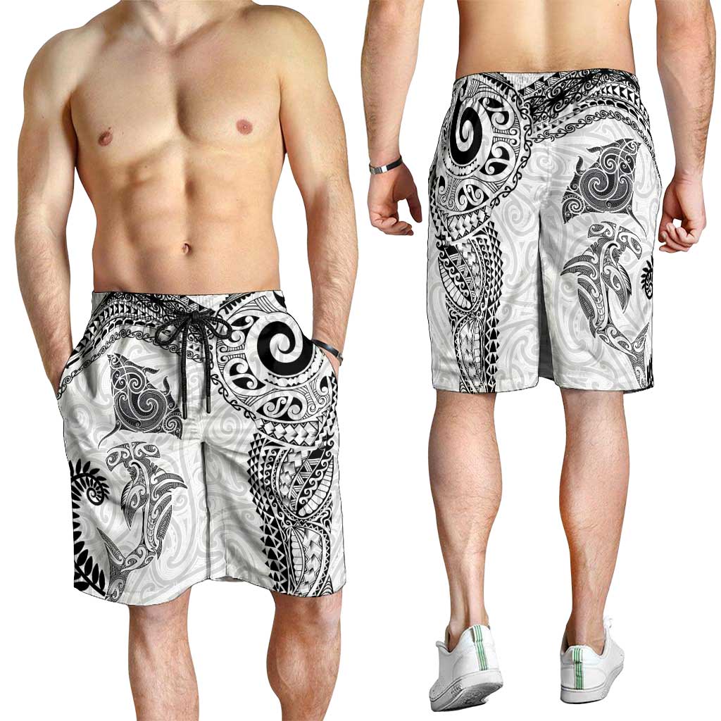 Aotearoa Maori Sea Animals Tribal Shorts for Men Manta Ray and Shark Moko Pattern White Color