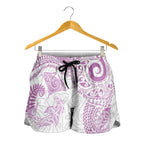 Aotearoa Maori Sea Animals Tribal Shorts for Women Manta Ray and Shark Moko Pattern Pink Color