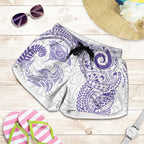 Aotearoa Maori Sea Animals Tribal Shorts for Women Manta Ray and Shark Moko Pattern Purple Color