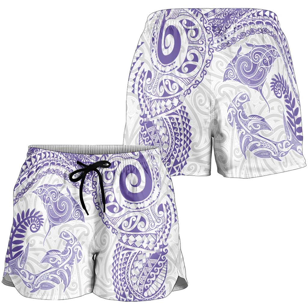 Aotearoa Maori Sea Animals Tribal Shorts for Women Manta Ray and Shark Moko Pattern Purple Color
