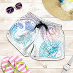 Aotearoa Maori Sea Animals Tribal Shorts for Women Manta Ray and Shark Moko Pattern Sweet Pastel
