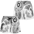Aotearoa Maori Sea Animals Tribal Shorts for Women Manta Ray and Shark Moko Pattern White Color