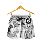 Aotearoa Maori Sea Animals Tribal Shorts for Women Manta Ray and Shark Moko Pattern White Color