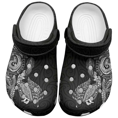 Aotearoa Moko Tribal Tattoo Clogs Shoes New Zealand Maori Penguin and Fantail Black Color