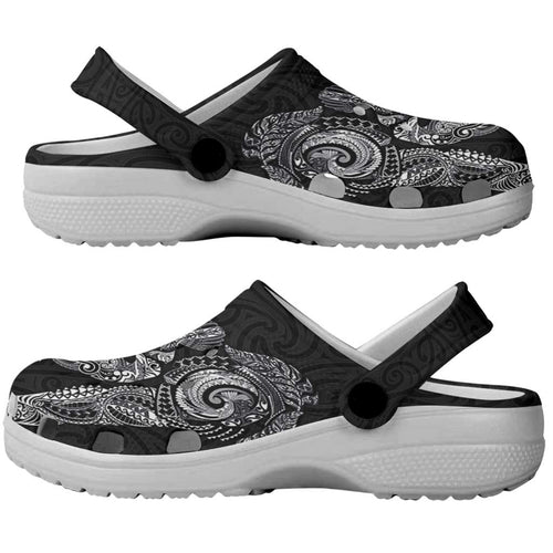 Aotearoa Moko Tribal Tattoo Clogs Shoes New Zealand Maori Penguin and Fantail Black Color