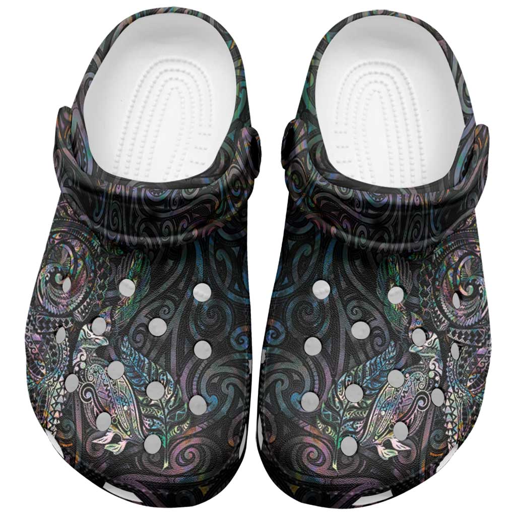 Aotearoa Moko Tribal Tattoo Clogs Shoes New Zealand Maori Penguin and Fantail Paua Shell Style