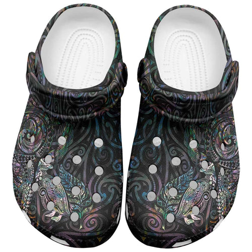 Aotearoa Moko Tribal Tattoo Clogs Shoes New Zealand Maori Penguin and Fantail Paua Shell Style