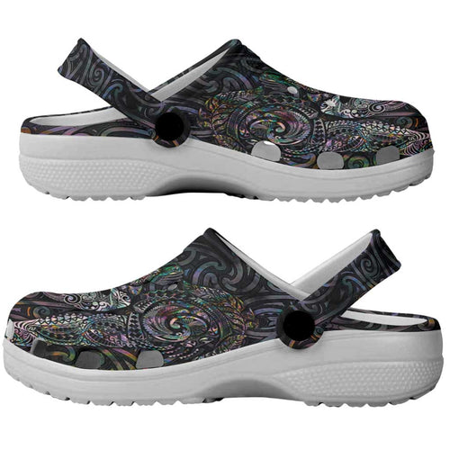 Aotearoa Moko Tribal Tattoo Clogs Shoes New Zealand Maori Penguin and Fantail Paua Shell Style